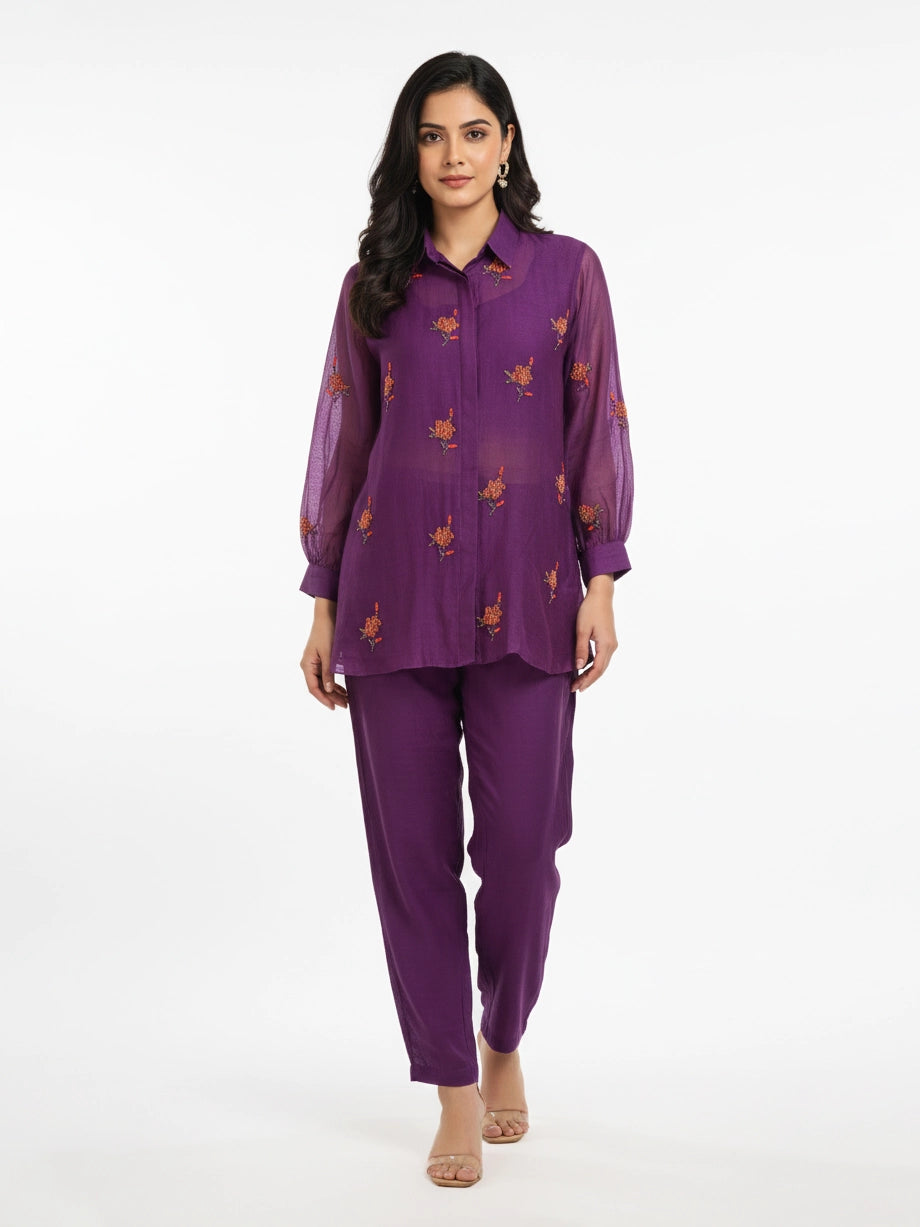 purple embroidered co-ord set for women with shirt style top and straight pants casual ethnic wear