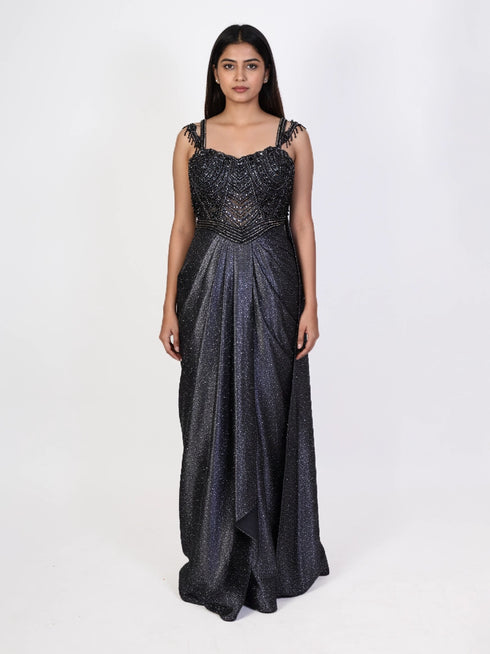 grey embellished indo western dress for women with shimmer fabric and draped silhouette party wear gown
