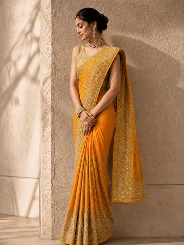 Mustard Yellow Hand Embroidered Designer Saree