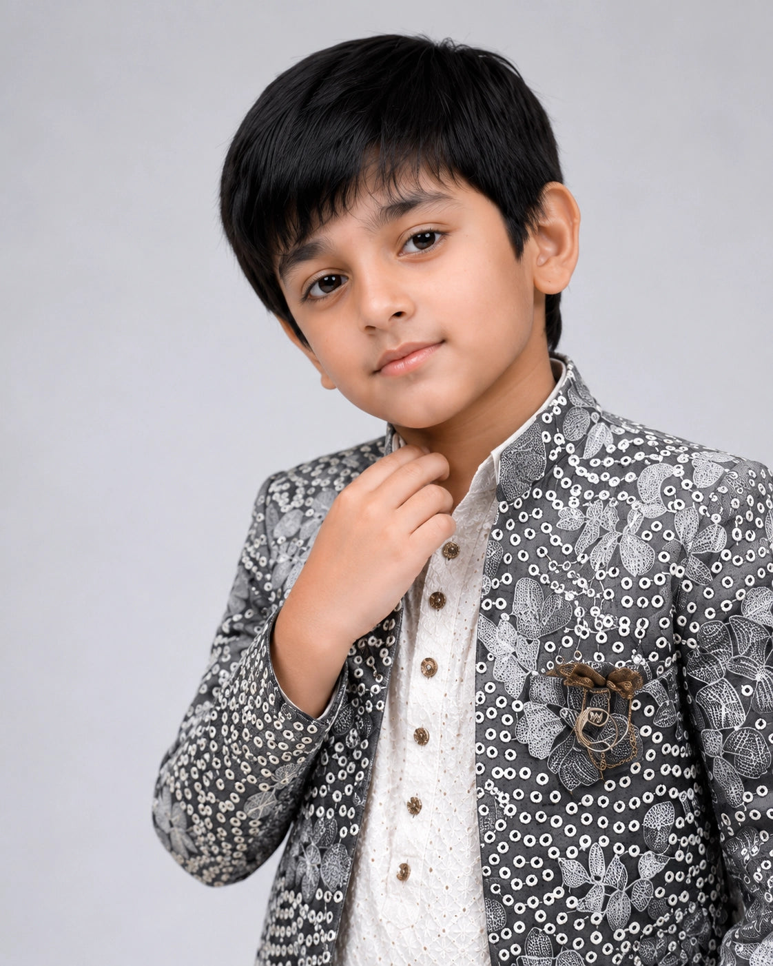 Boys Pista Printed Indo-Western Jacket Set with Cream Kurta & Pajama