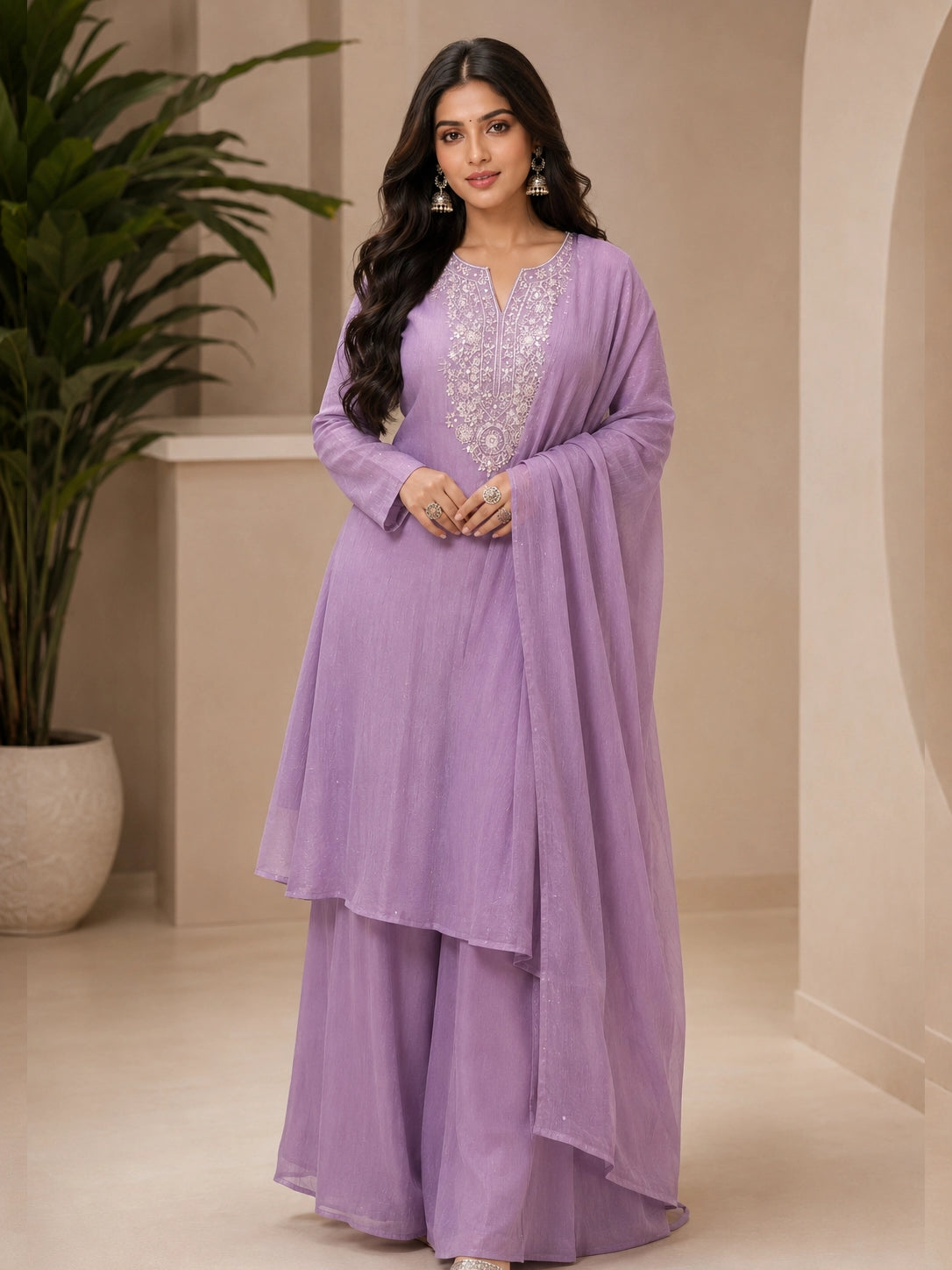 Beige Embroidered Sharara Set with Dupatta for Women
