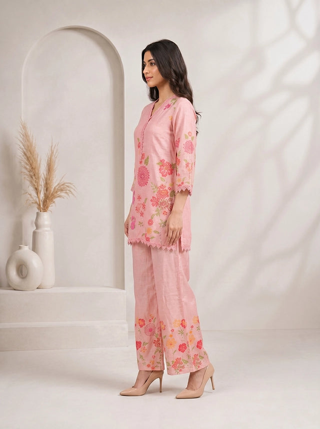 Pink Floral Printed Designer Kurti Set with Kurti Pants