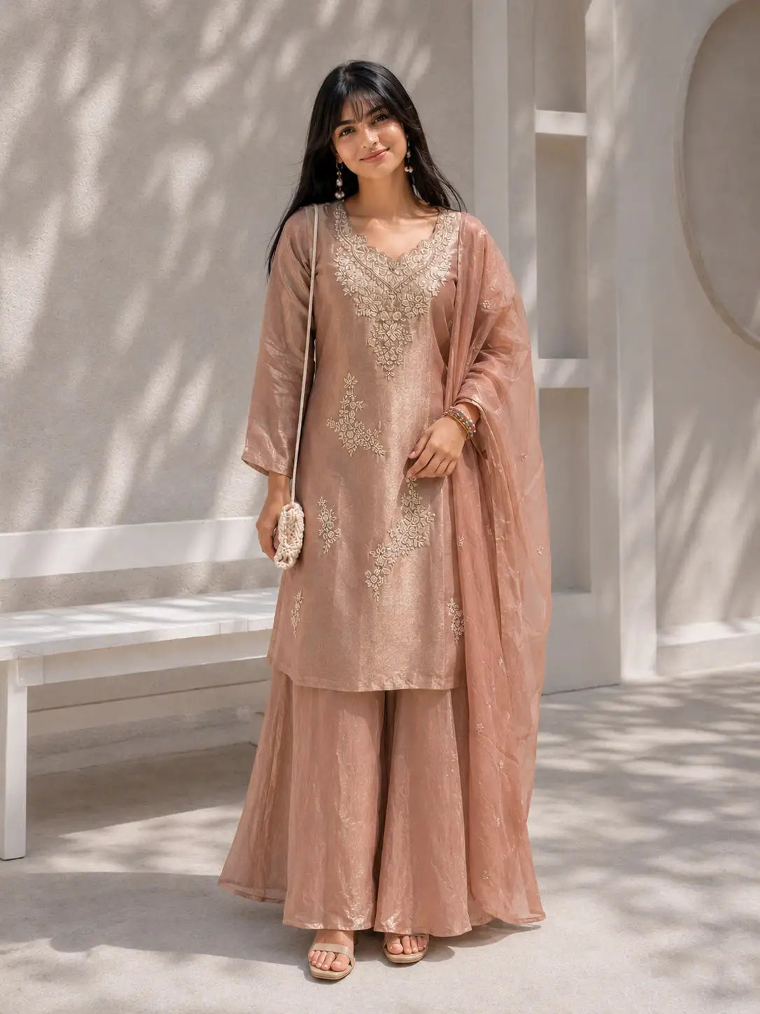 Pink Embroidered Kurta Set with Flared Palazzo & Embellished Dupatta