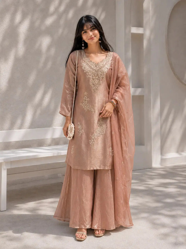 Pink Embroidered Kurta Set with Flared Palazzo & Embellished Dupatta