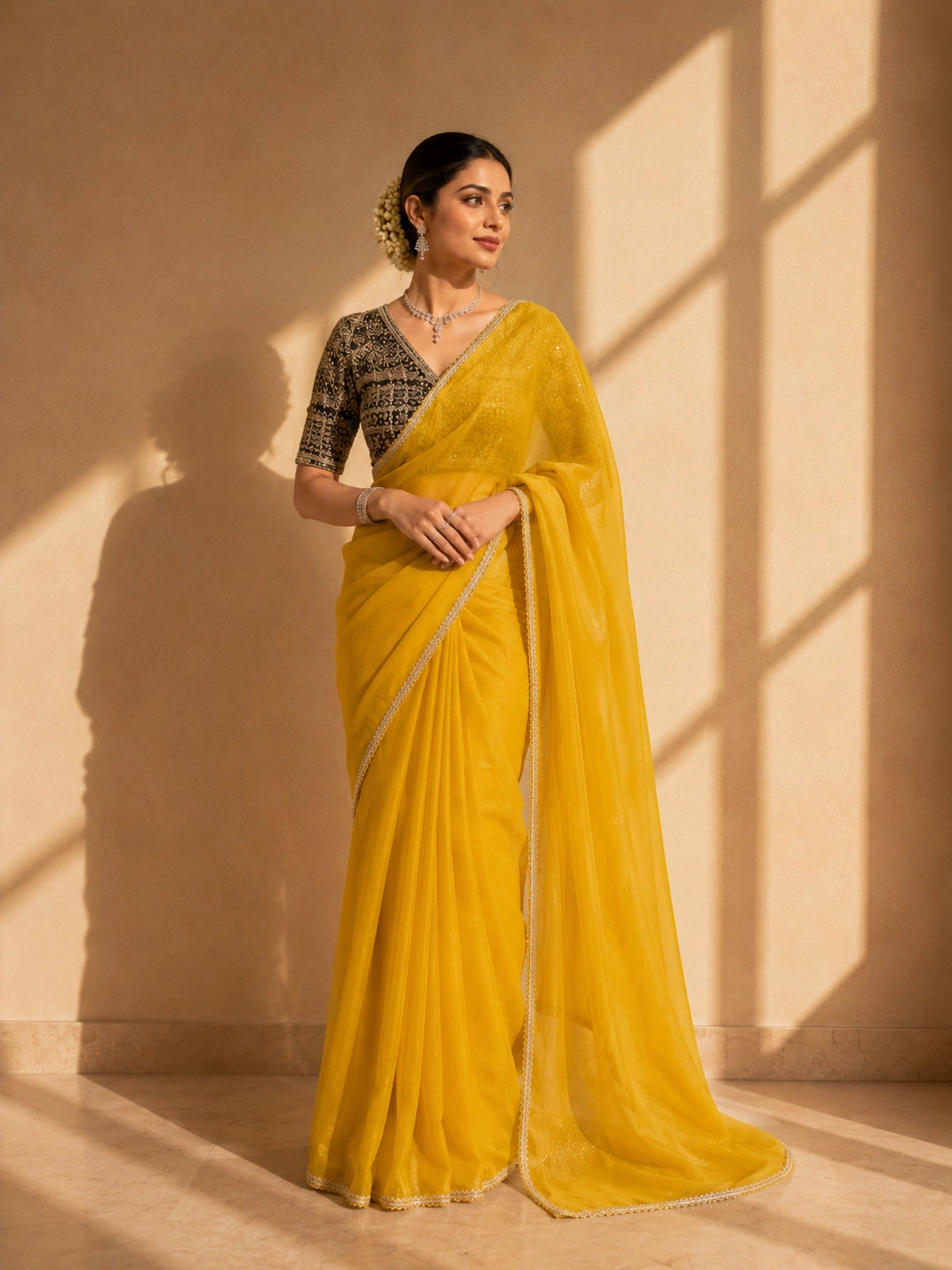 Elegant Mustard Saree with Black Brocade Blouse
