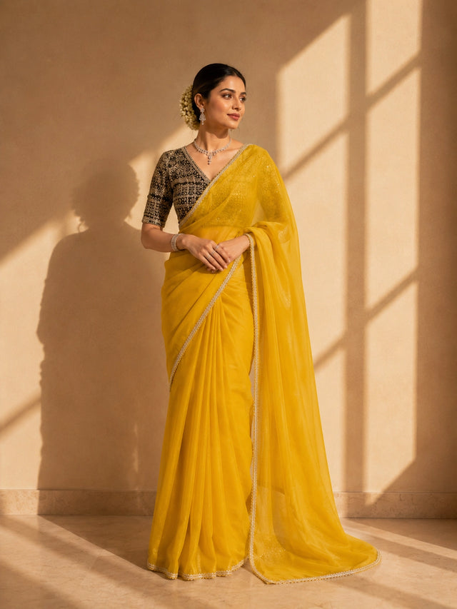 Elegant Mustard Saree with Black Brocade Blouse