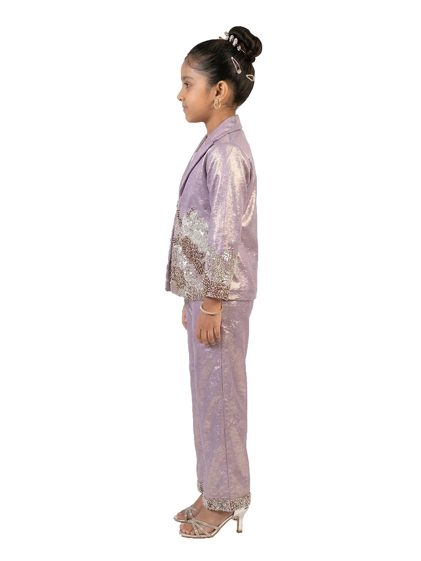 purple embellished co ord set for girls with jacket and pants metallic tissue silk party wear kids outfit