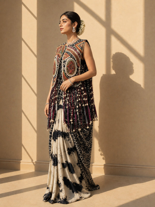 Elegant BlackSaree with Artisan Embellished Jacket