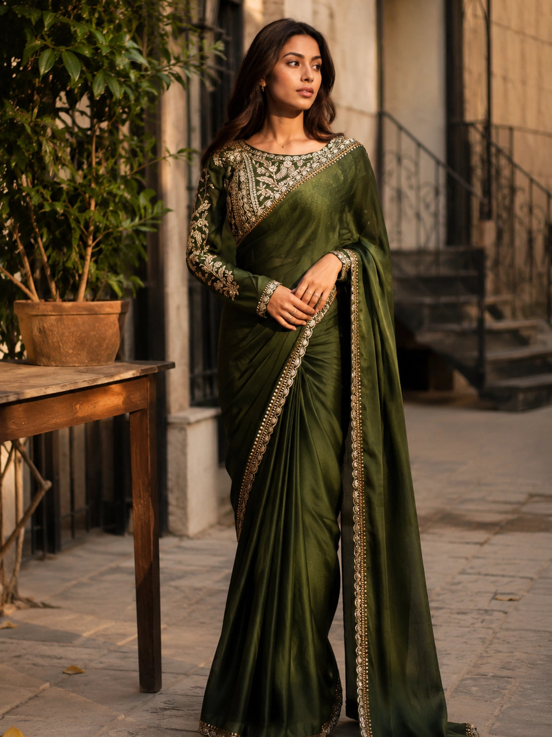 Emerald Green Embroidered Designer Saree with Elegant Blouse