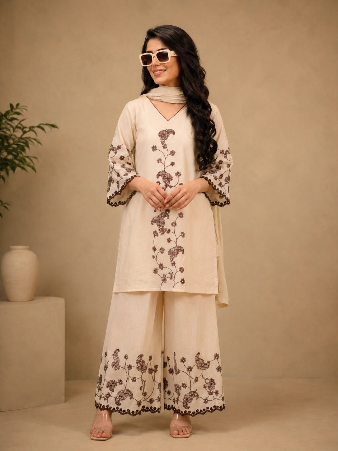 Elegant Cream Co ord set with Brown Floral Embroidery