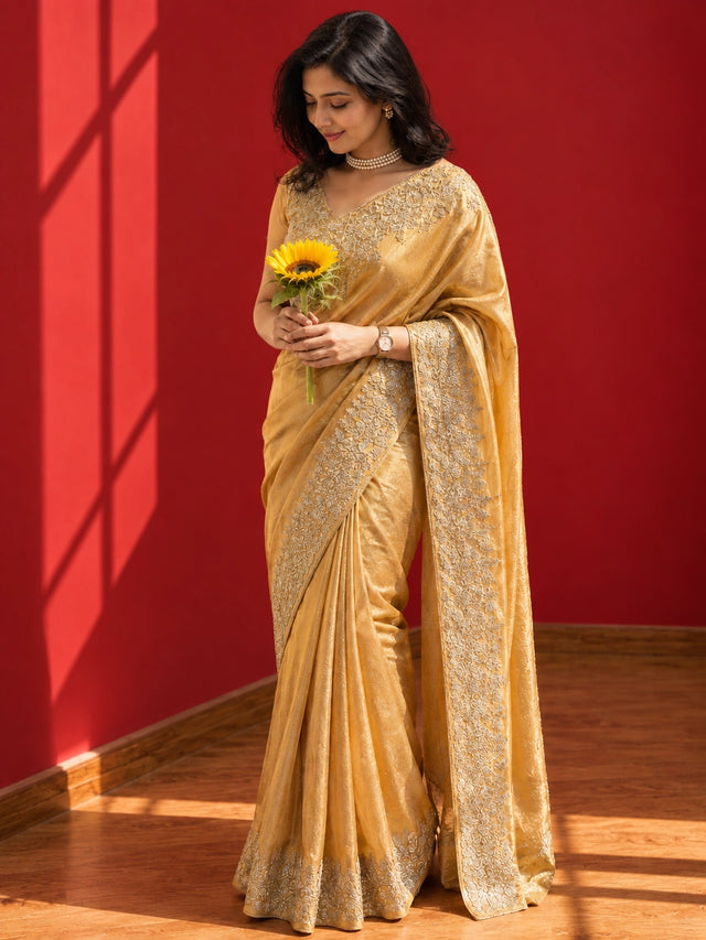 Luxurious Mustard  Embroidered Saree for Elegant Occasions
