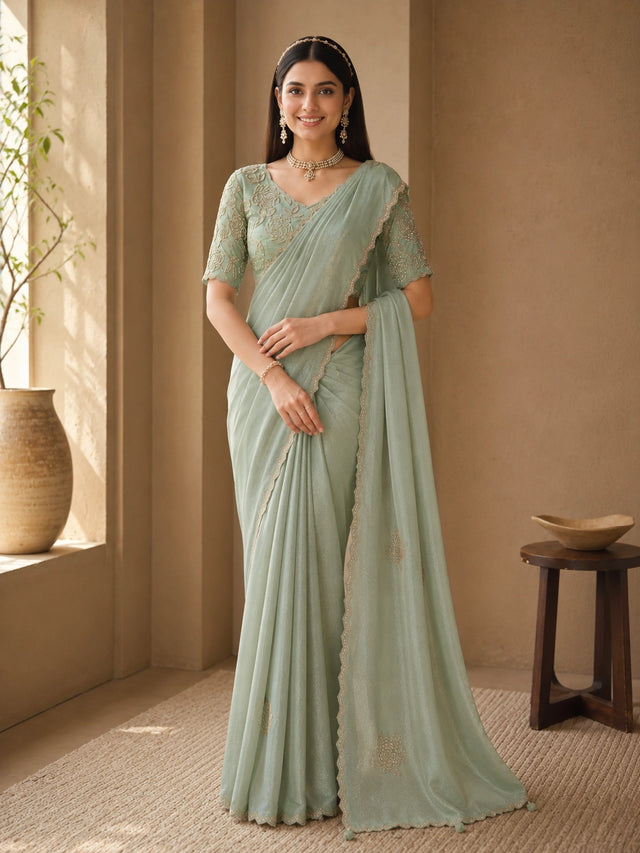 Sky Blue Embroidered Designer Saree with Sequins Work | Party & Wedding Wear Saree