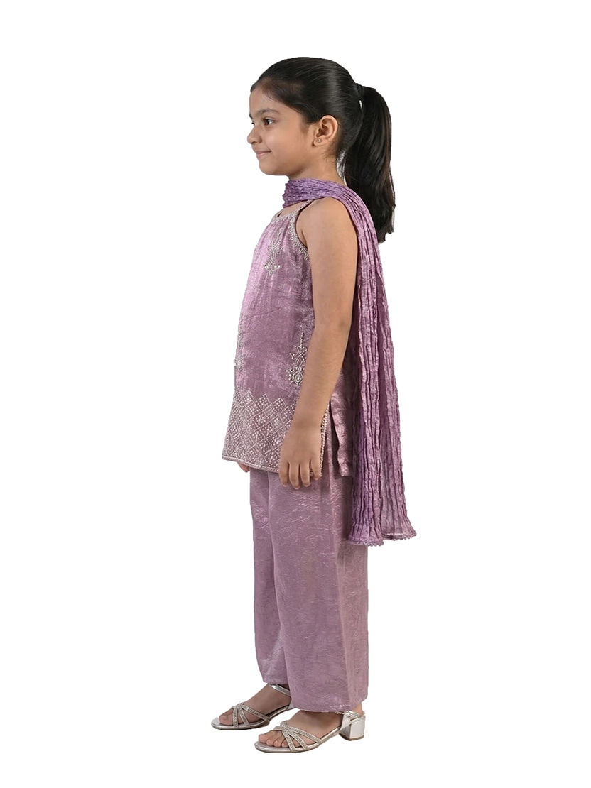 purple embroidered co ord set for girls with dupatta and pants organza silk festive kids outfit