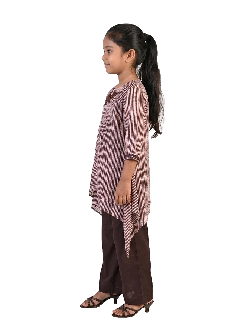 brown striped co ord set for girls with asymmetrical top and pants cotton slub casual kids outfit