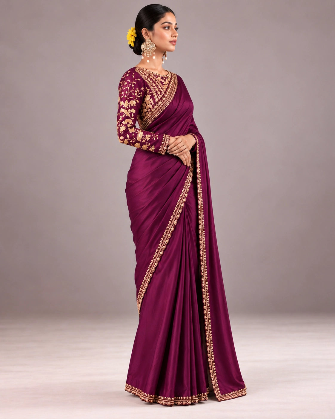 Elegant Designer Saree with Embroidered Border & Statement Blouse
