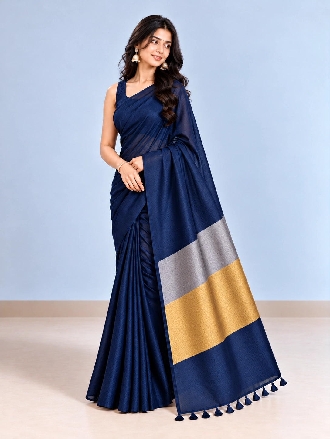 Elegant Woven Saree with Gold & Silver Border | Designer Saree for Women