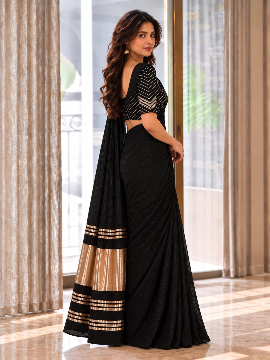 Designer Saree with Embroidered Border & Matching Blouse