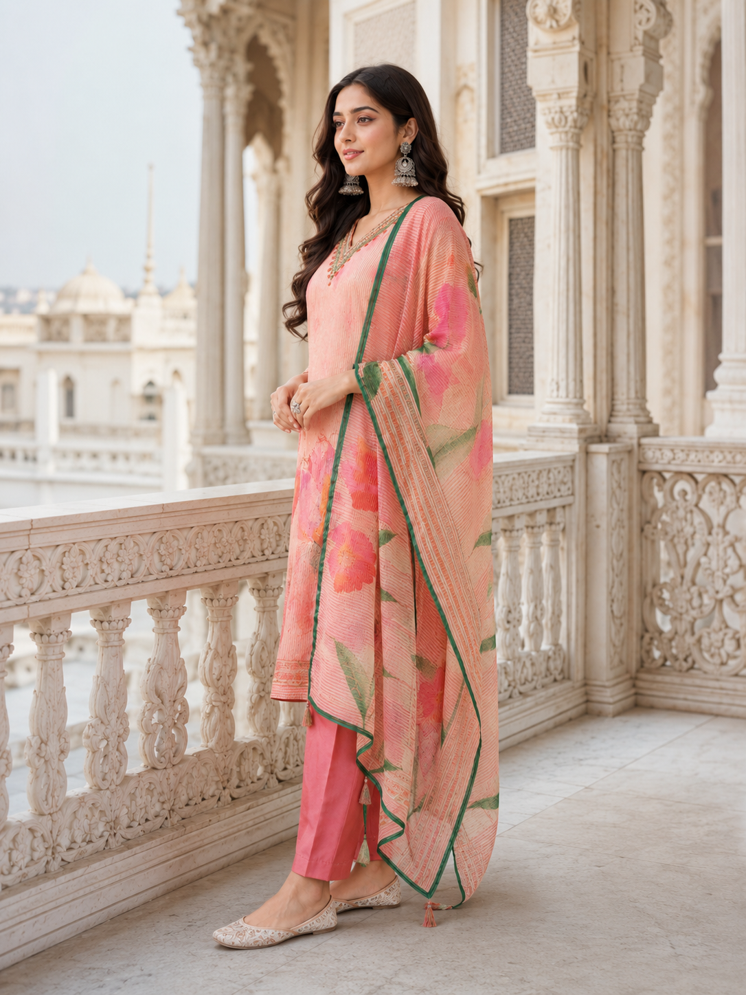Elegant Pink Floral Print Kurta Set with Matching Pants