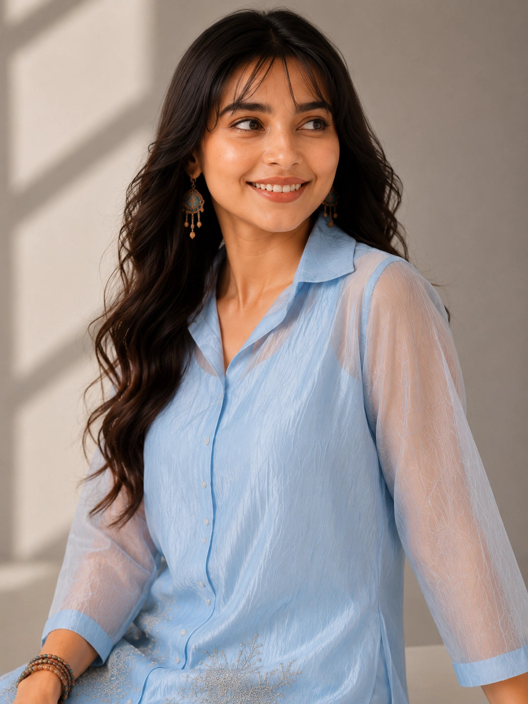 Sky Blue Embroidered Co-Ord Set with Straight Kurta & Wide-Leg Pants
