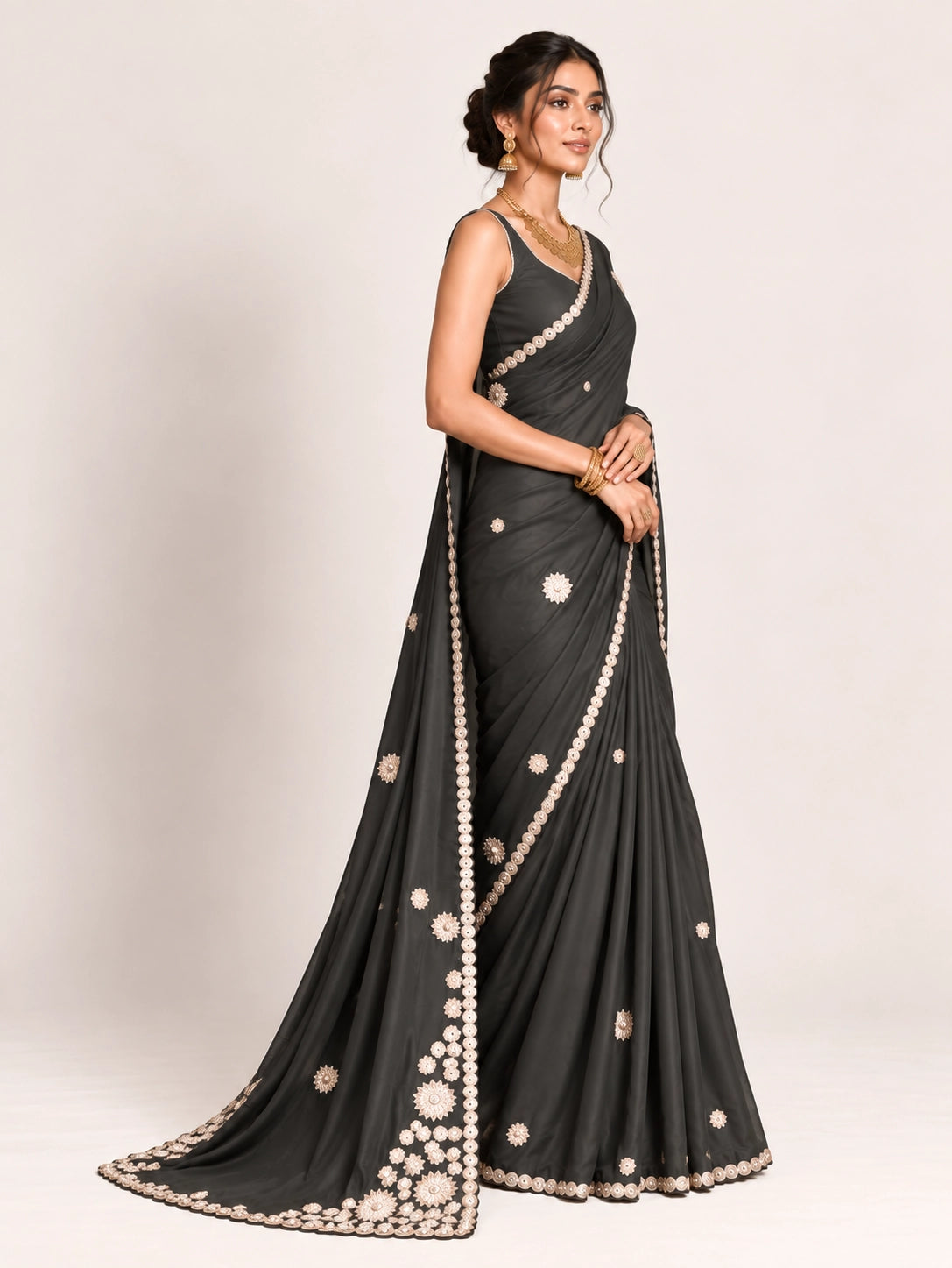 Grey Embroidered Saree with Pearl Lace Border