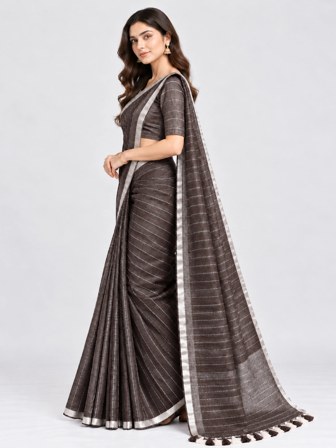 Striped Woven Saree with Metallic Border & Tassel Pallu | Elegant Ethnic Saree