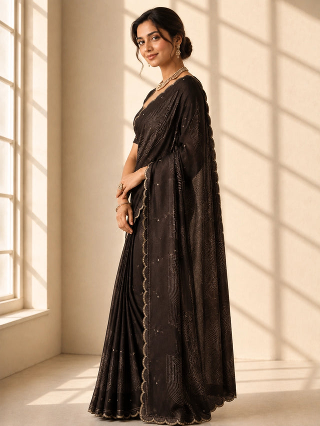 Elegant Brown Saree  with Scalloped Border and Geometric Print