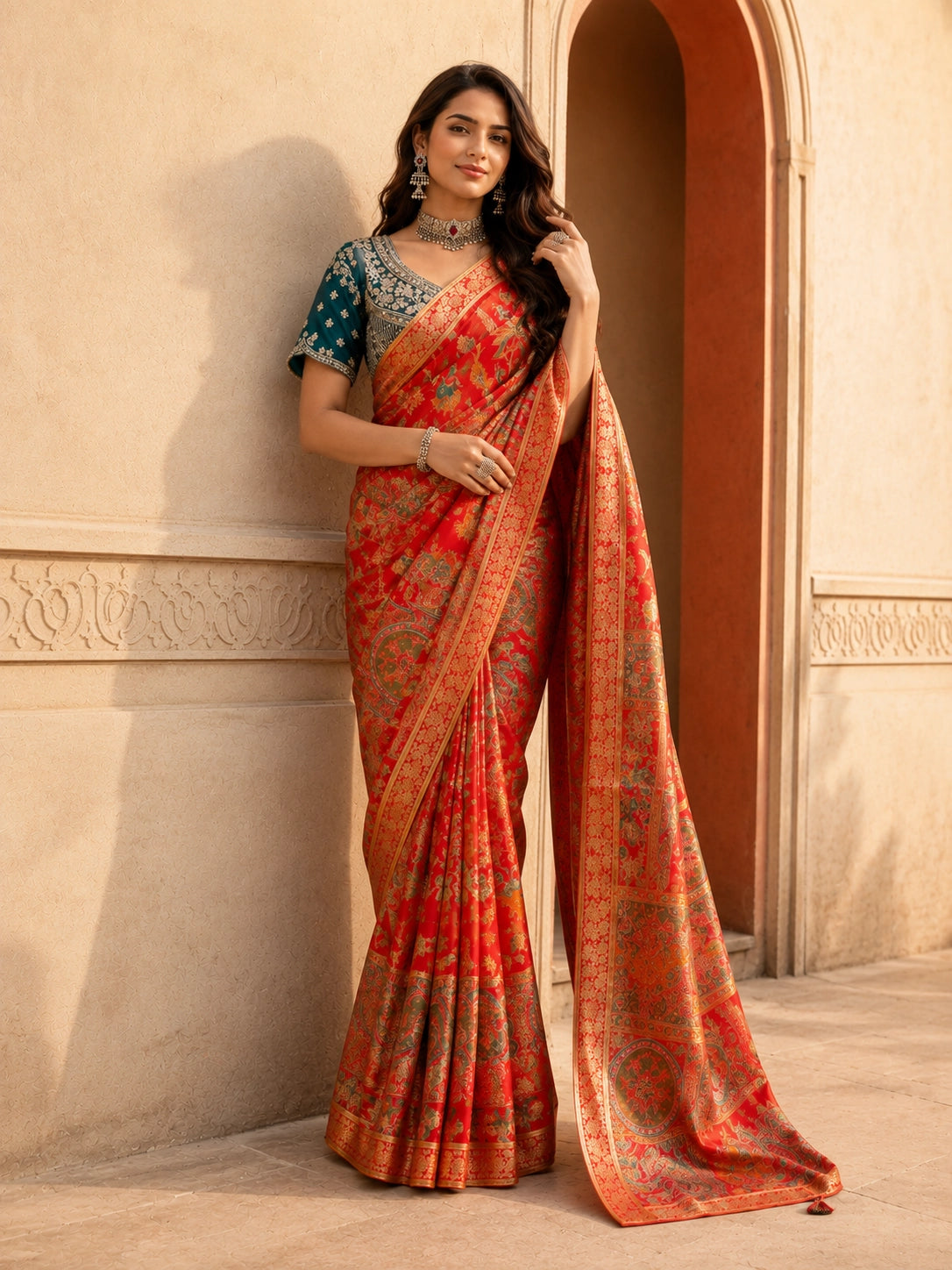 Red Floral Woven Silk Saree with Teal Embroidered Blouse