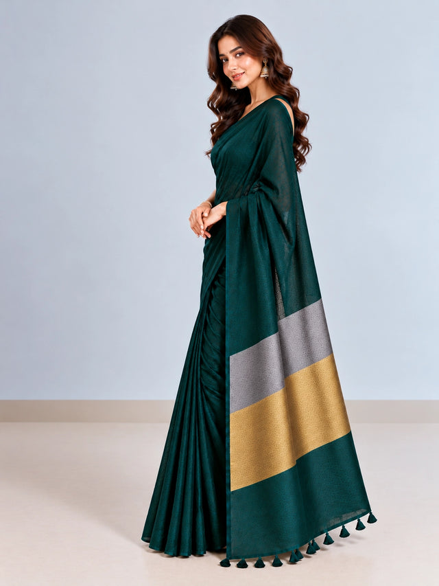 Elegant Green Woven Silk Saree with Designer Border & Tassel Detail