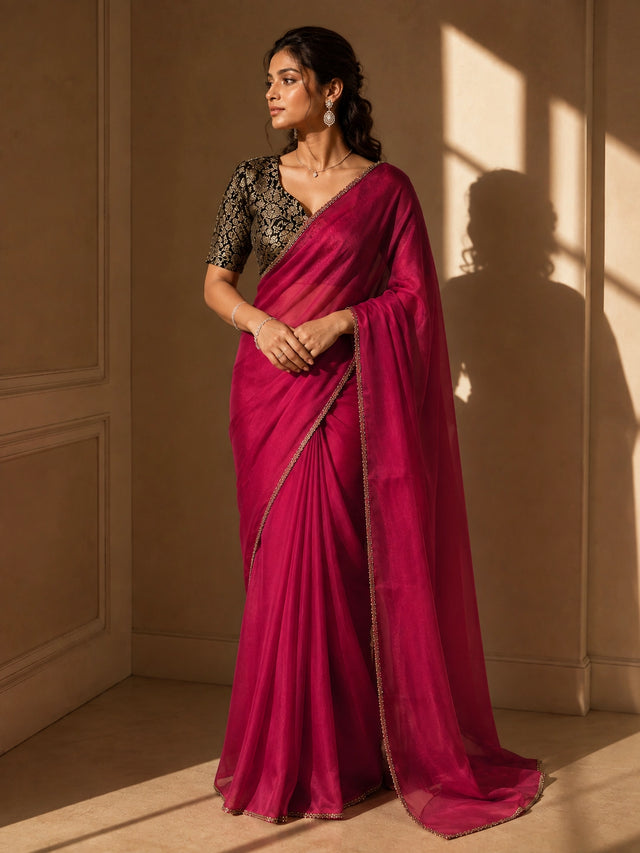 Elegant Red Saree with Black Brocade Blouse