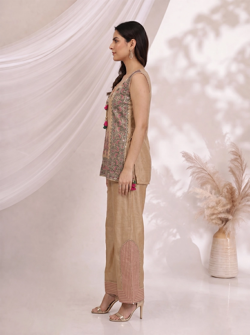 Beige Printed Kurti Set with Embroidered Neckline & Kurti Pants