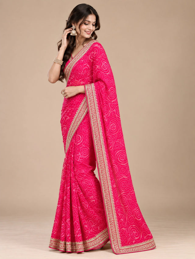 Rani Pink Printed Saree with Elegant Zari Border