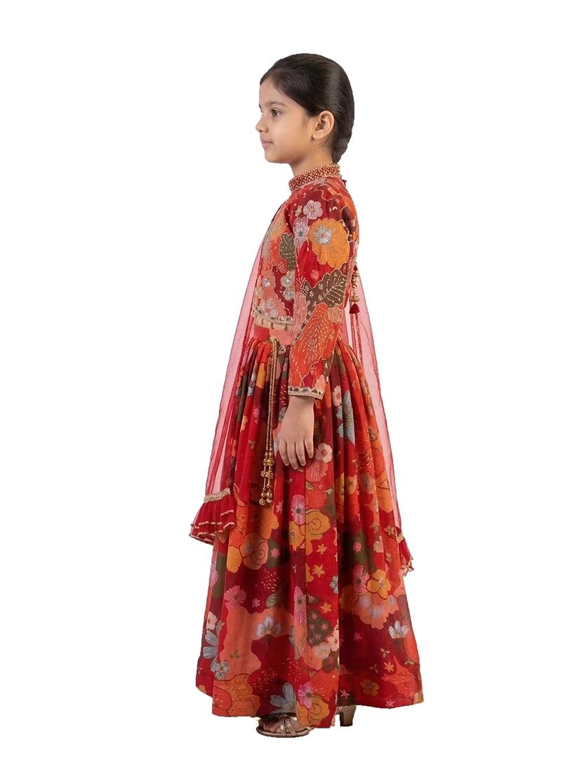 red floral printed lehenga choli for girls with dupatta satin silk party wear kids ethnic dress