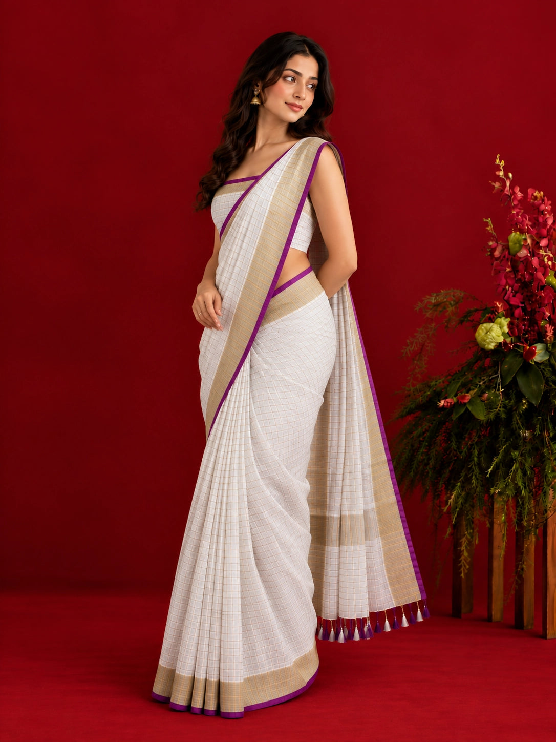 Elegant Checkered Woven Saree with Contrast Border & Tassel Detailing