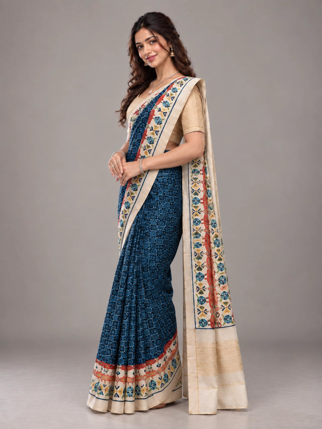 Elegant Navy Blue  Ikat Saree with Golden Blouse
