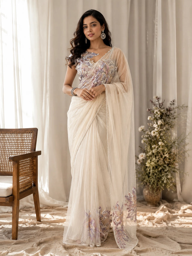 Cream Embroidered Designer Saree for Wedding & Party Wear