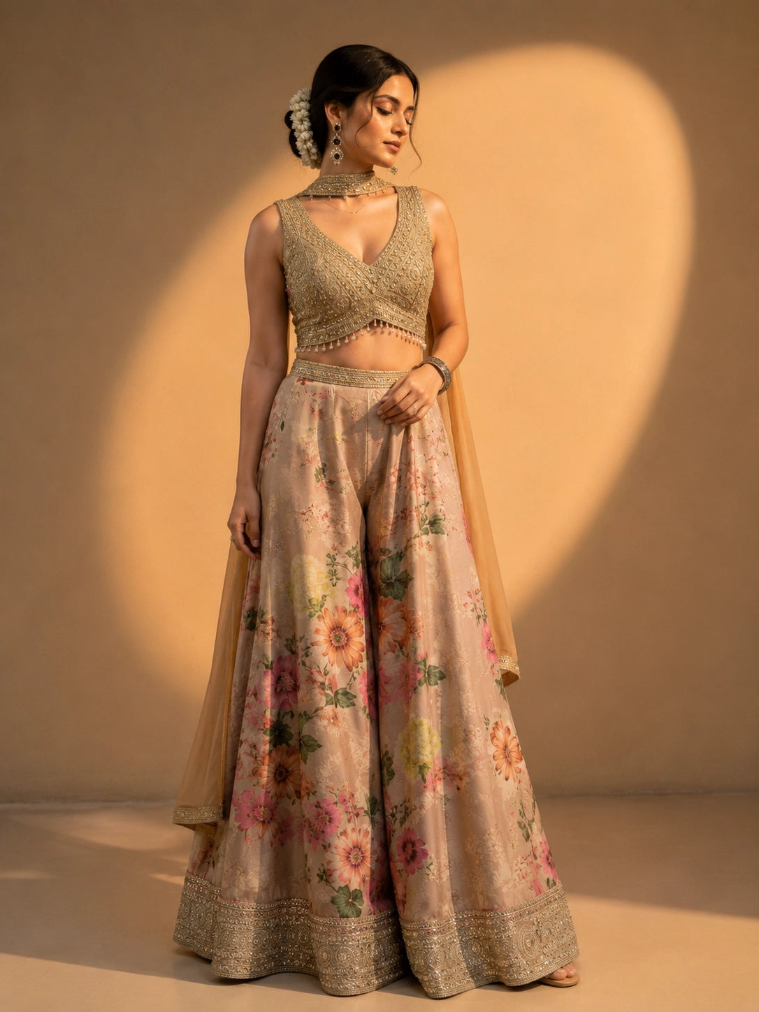 Elegant Beige Floral Designer Sharara Set with Embroidered Blouse