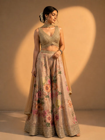 Elegant Beige Floral Designer Sharara Set with Embroidered Blouse
