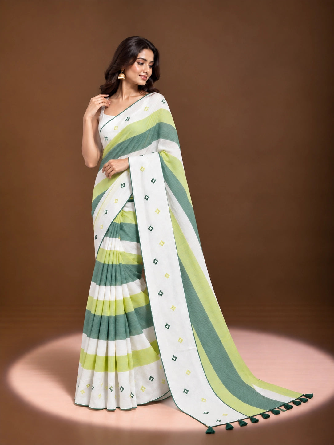 Designer Striped Cotton Saree with Floral Motifs & Contrast Border