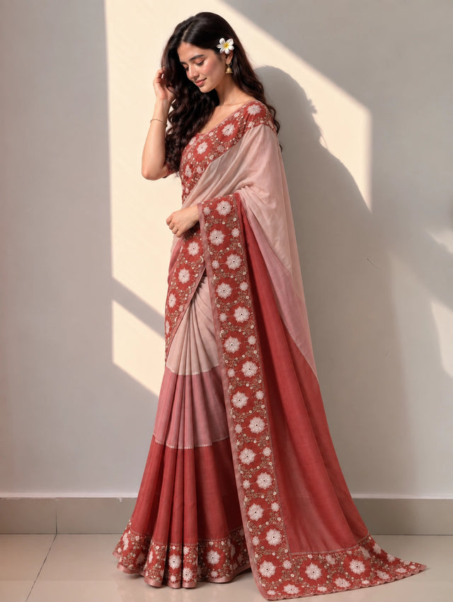 Elegant Red Ombre Saree  with Intricate Floral Embroidery