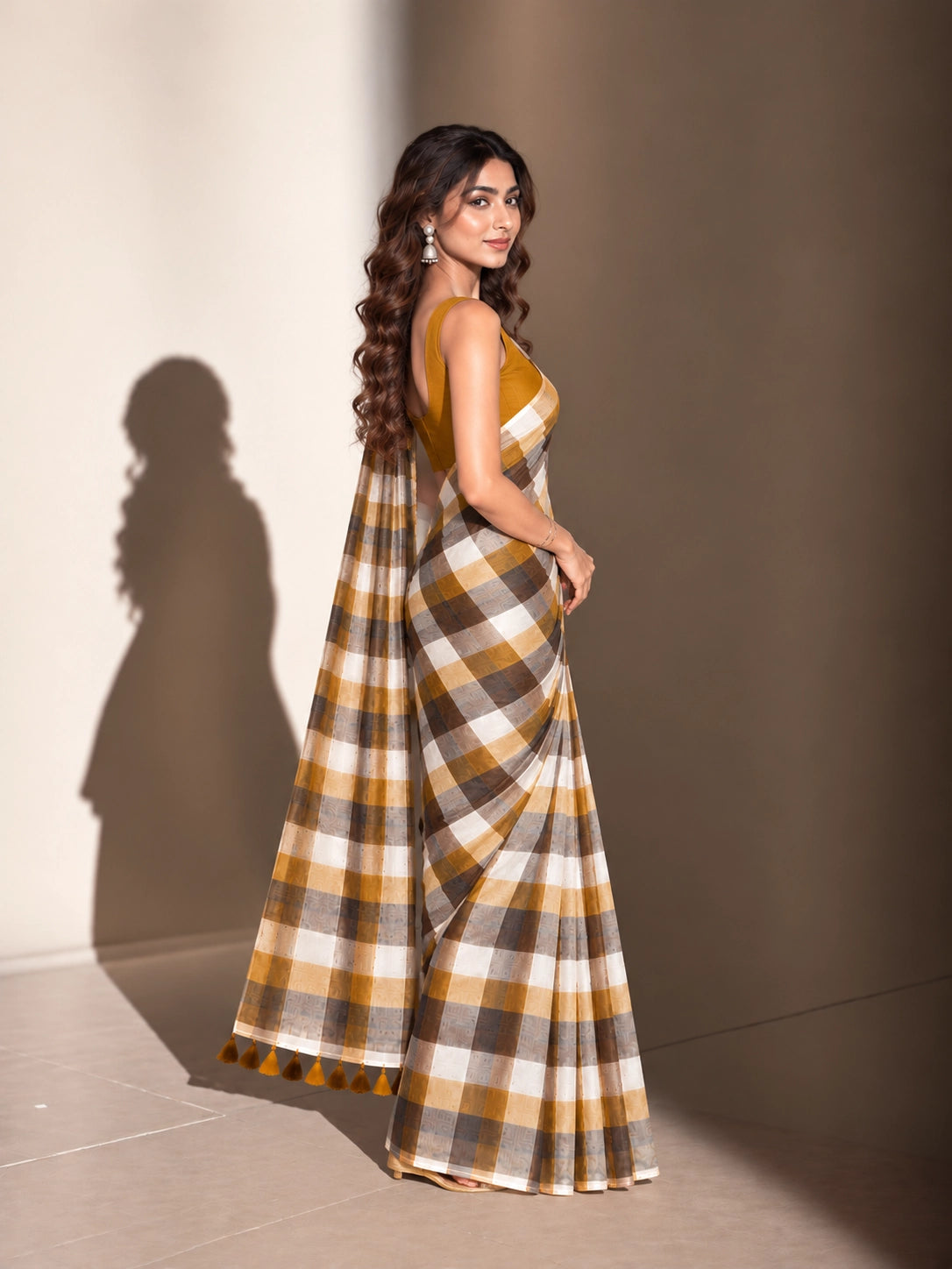Designer Woven Saree with Checks Pattern & Elegant Tassel Border