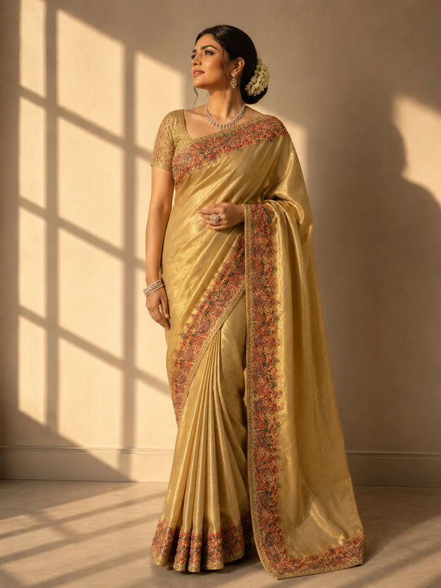 Beige Designer Saree with Multicolor Embroidered Border | Premium Ethnic Wear