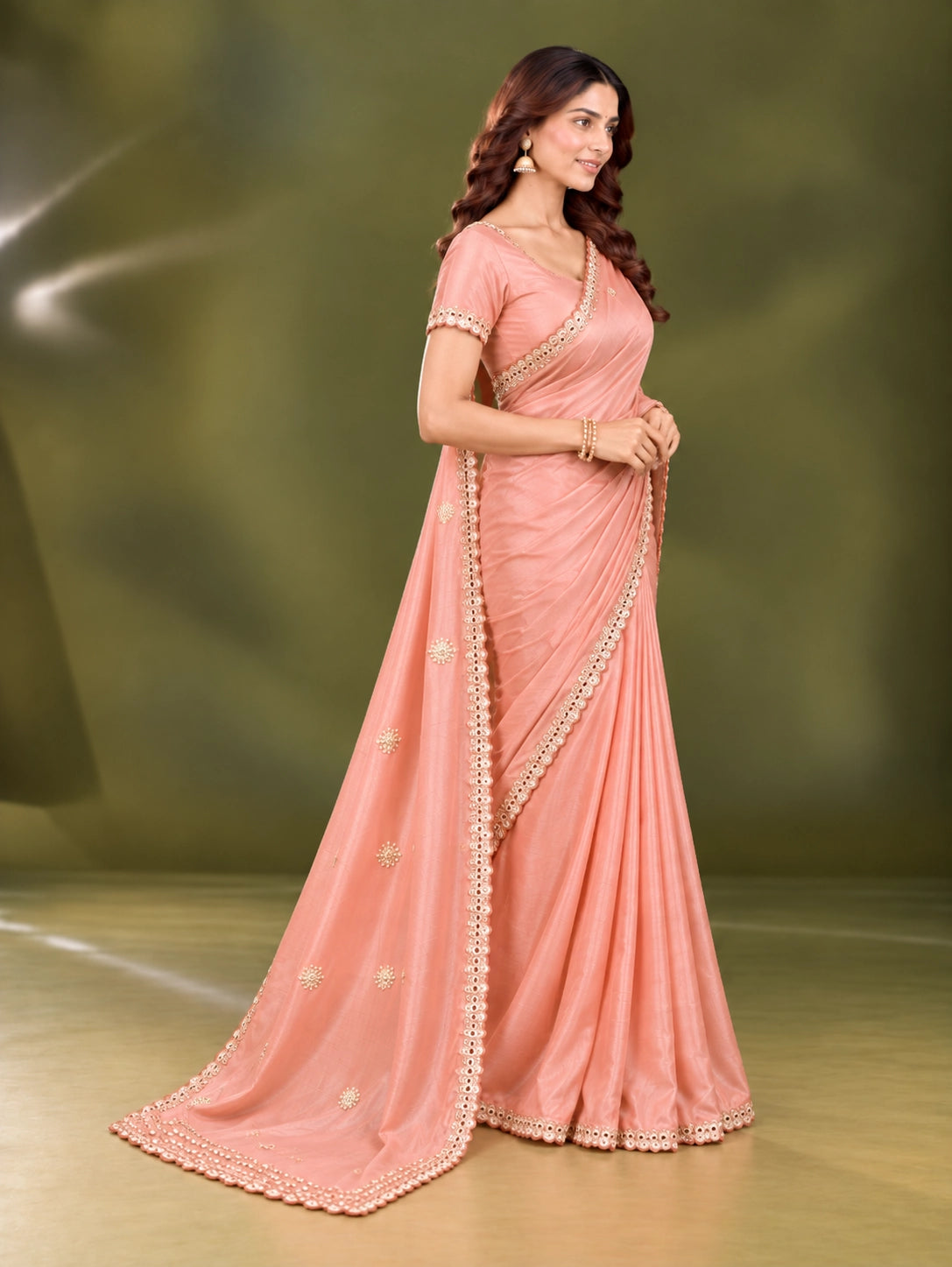 Peach Pink Embroidered Saree with Elegant Lace Border