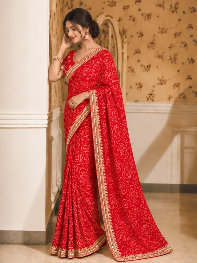 Red Printed Saree with Intricate Zari Border