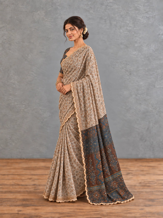 Grey Floral Printed Saree with Navy Blue Designer Border
