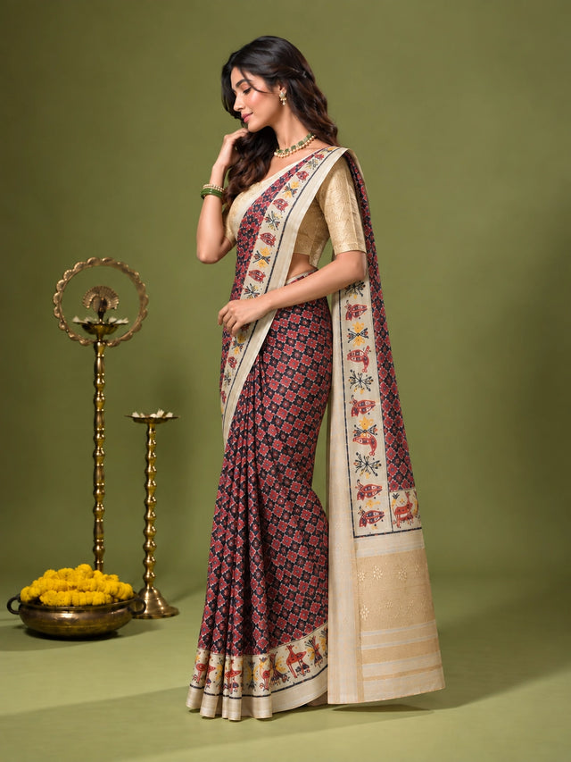 Elegant Purple Ikat Saree  with Golden Blouse