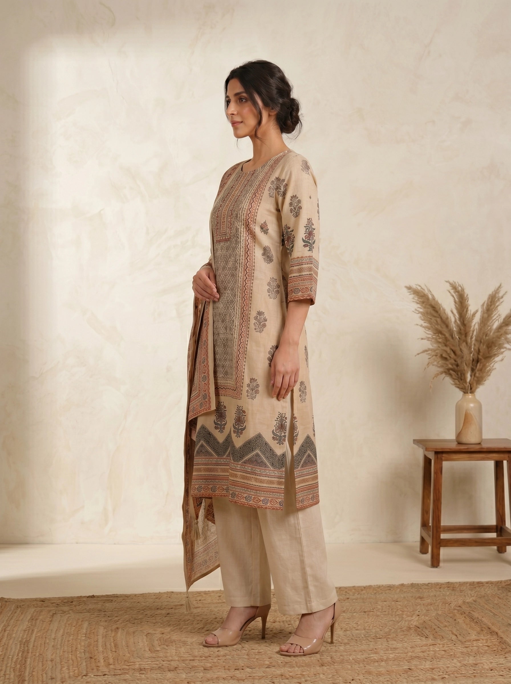 Elegant Beige Printed Kurti and Pants Set with Scarf