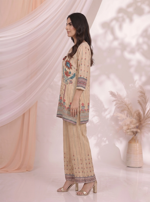 Cream Printed Co Ord Set for Women with Floral Design