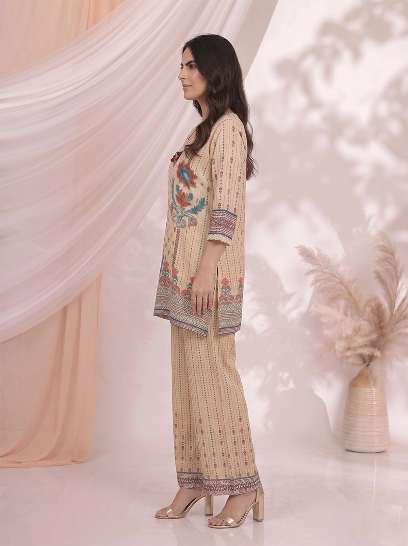 Cream Printed Co Ord Set for Women with Floral Design