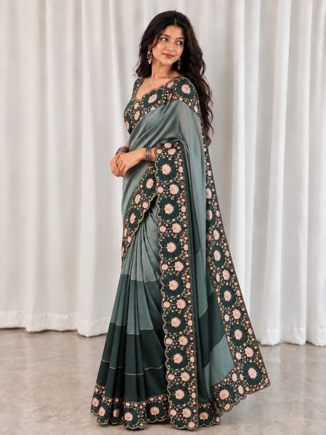 Elegant Green Embroidered Saree  with Floral Border