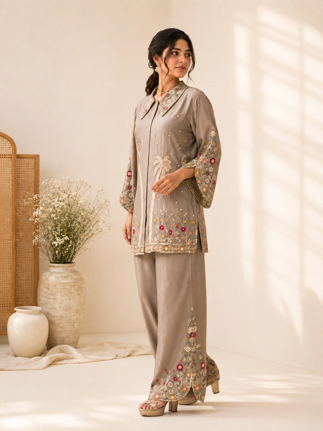 Beige Embroidered Kurta Palazzo Set | Elegant Festive Wear